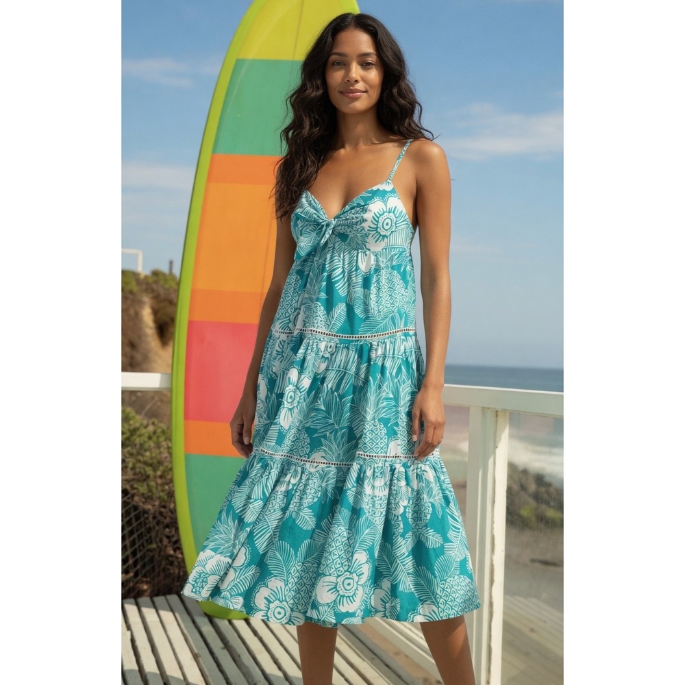 Trina Turk Teal Tropical Pineapple Floral Cotton Tiered Midi Dress Size M